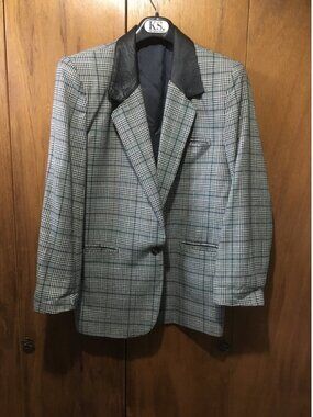 Checked Single-Button Blazer with Black Velvet Collar